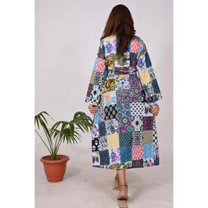 Bata de Kimono de algodón con estampado de bloques de retazos para mujer, hecha a mano en la India, ropa de dormir floral bohemio, bata de dormir suave - Product Image 6