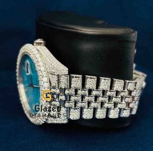 Reloj de Diamantes Moissanite con Corte Brillante Redondo, Estilo Hip Hop, Esfera Azul Cielo, Claridad VVS, Mejorado para Hombre - Product Image 4