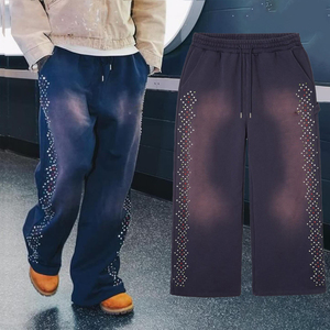 Pantalon de survêtement baggy délavé au soleil en coton éponge française surdimensionné délavé pantalon de survêtement vintage en cristal avec strass pour hommes - Product Image 2