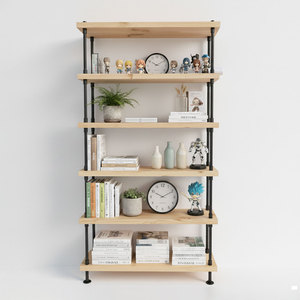 6-Tier <b>Pine</b> Wood & Steel Pipe <b>Shelf</b> for Living Room Standing Type - Product Image 1