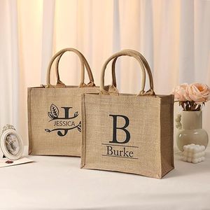 Sac fourre-tout en toile de jute personnalisé pour femmes sacs à provisions monogrammés initiaux pour plage mariage voyage maman professeur mariée - Product Image 6