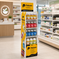 Présentoir de sol multi-niveaux en carton jaune imprimé sur mesure pour produits de santé, suppléments vitaminiques et bonbons gélifiés (POP Rack)