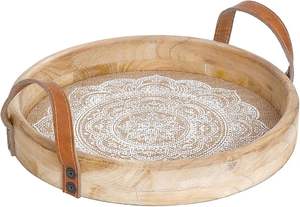 Plateau de service rond en bois de style vintage de haute qualité, prix d'usine en gros, avec poignées, pour la maison, les hôtels, les restaurants, les dîners - Product Image 5