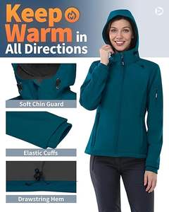 Blouson aviateur softshell en spandex tricoté de qualité supérieure pour femmes avec capuche doublé en polaire chaud léger imperméable isolé - Product Image 4