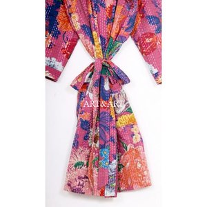 Kimono Kantha de Algodón de Diseño Vintage, Calidad de Exportación, Hecho a Mano, Reversible, con Parches, Largo, Floral, Transpirable, para Mujer, Verano - Product Image 6
