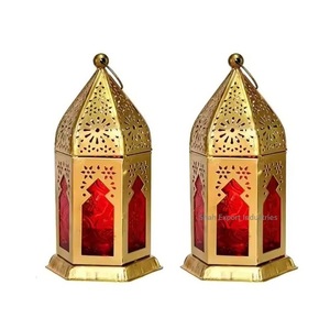 Latest Design Gold Metal <b>Candle</b> Lantern with <b>Red</b> Color Glass For Home And Garden Lighting Decoration Floor Lantern - Product Image 1