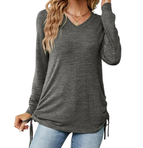 Camiseta Casual de Manga Larga con Cuello en V para Mujer, Talla Grande, 100% Algodón, 180g, Transpirable, de Secado Rápido, Lisa, Bordada - Product Image 3