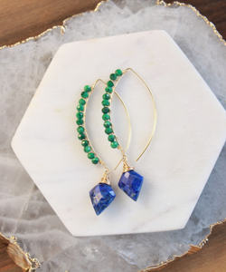 Lapis และ Malachite ลูกปัด925ต่างหูห้อยชุบทองเงินสำหรับผู้หญิงต่างหูห่อลวดอัญมณีทำด้วยมือ - Product Image 6