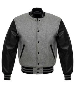 Chaqueta Universitaria Personalizada para Hombre, Cortavientos, Cuerpo de Lana, Forro Acolchado de Satén, Mangas de Cuero y Lona, Estilo Bomber Gris para Invierno - Product Image 1