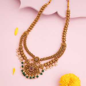 Collar Largo Haaram con Diseño Floral, Chapado en Oro, con Piedra Verde Rubí, Estilo Antiguo, Coleccionable, Joyería Vintage Elegante, 190722 - Product Image 2
