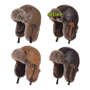 Chapeau d'aviateur en peau de mouton marron PREMIUM, véritable fourrure de mouton doublée, chapeau d'hiver en cuir - Product Image 2