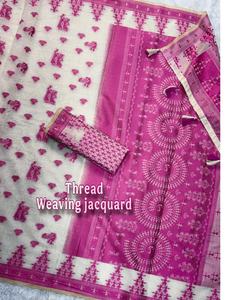 Sari de algodón Khadi con hilo en contraste para mujer, estilo Jacquard Latkan Pallu, blusa con tejido Butta, hecho en India, en stock. - Product Image 2