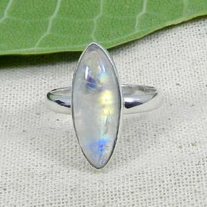 14K Yellow Gold Rainbow Moonstone Gemstone Bezel Set Handmade <b>Statement</b> <b>Ring</b> Marquise Shape 18x6mm IGI Certified 925 Silver - Product Image 6