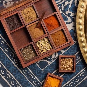 Boîte Masala élégante en bois de Sesham pour la cuisine avec plusieurs sections et finition artisanale artistique - Product Image 1