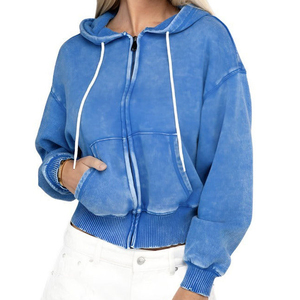 Sudadera con Capucha para Mujer, Estilo Desgastado, con Cierre, Lavado Ácido, Estilo Francés, con Cordón Ajustable - Product Image 1