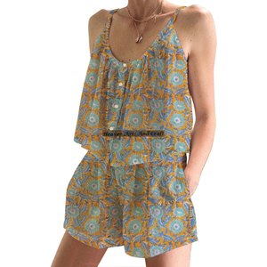 Block Printed Shorts PJ Sets | Bohemian Floral <b>PJs</b> | Boho Spring/<b>Summer</b> Floral Fitted Strappy Sleeveless PJ Set - Product Image 4