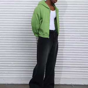 2025 haute qualité printemps goutte épaule recadrée sweats à capuche décontracté vert français éponge fermeture éclair à capuche pour hommes - Product Image 3