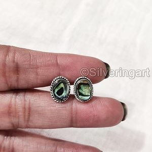 Boucles d'oreilles clous pour femmes en coquille d'ormeau naturelle, pierres précieuses, style bohème, bijoux faits à la main, boucles d'oreilles clous en argent sterling 925 - Product Image 4