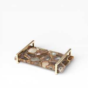 Plateau décoratif en agate naturelle noire carrée avec des motifs de cristaux spectaculaires et des poignées dorées ornées - Product Image 6