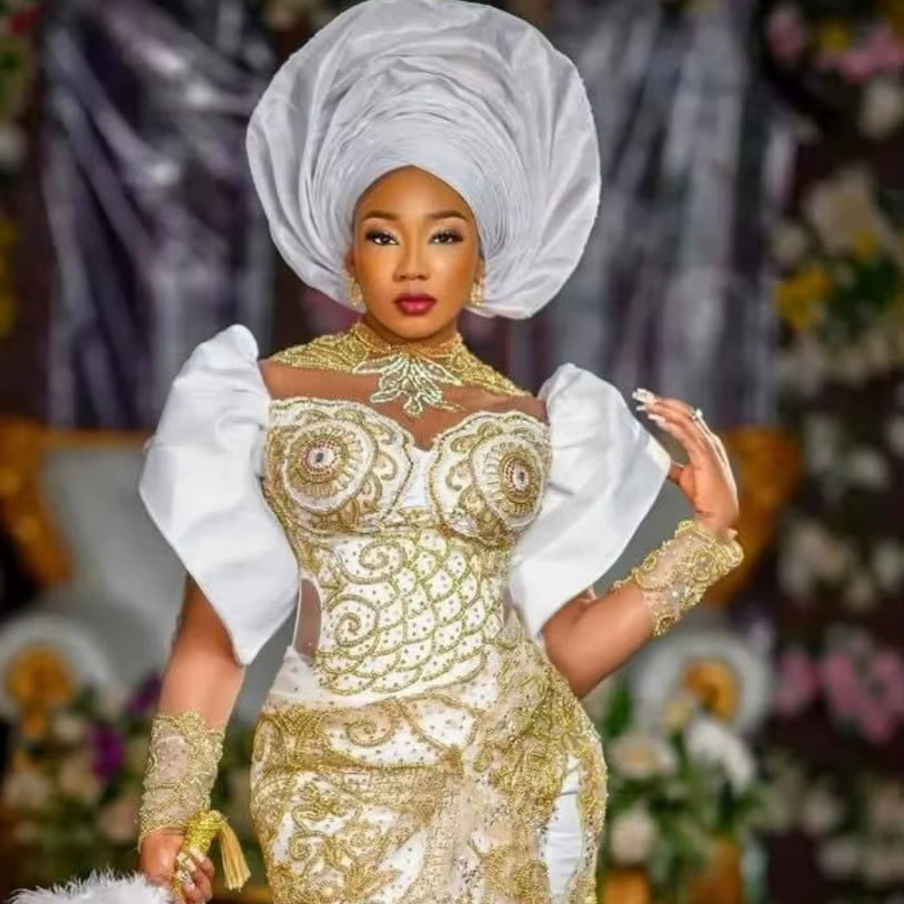 Luxury White and Gold Embroidered George Lace Gown with Long Sleeves  Headtie for Special Occasions Handmade African Style