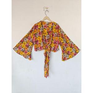 Taille Libre Femmes Crop Top Vintage Floral Print Tie Top Bell Sleeve Casual Silk Wrap pour Summer Party Most Trending Dot Pattern - Product Image 1