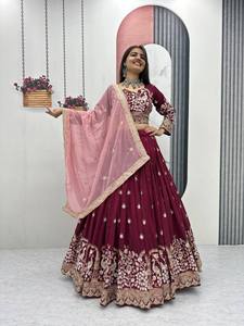 Lahenga Choli Dupatta en soie Vichitra vintage, ample, longueur au sol, broderie de séquence d'automne - Product Image 2