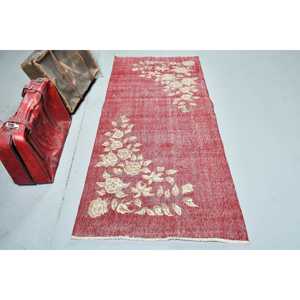 Turkish Vintage Accent Rug 3.1x6.8 ft, <b>Red</b> <b>Wool</b> Rug - Product Image 1