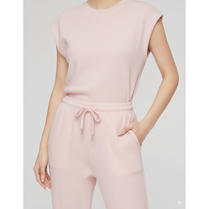 Ensemble assorti élégant pour femme en coton côtelé 100 % rayé, débardeur sans manches et short à taille élastique, séchage rapide, tenue tendance - Product Image 1