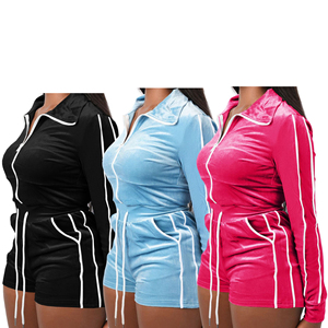 Summer wear 2024 Logo personnalisé Vente en gros Crop Velour Two Piece Tracksuit Zip Up hoodie Shorts Sets velvet Womens Breathable - Product Image 1