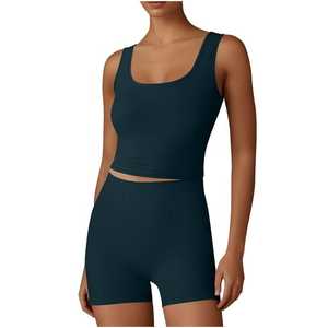 Conjuntos de entrenamiento para mujer, 2 piezas a juego, Sujetador deportivo acanalado sin costuras, camiseta sin mangas de cintura alta y pantalones cortos, gimnasio de Yoga - Product Image 6