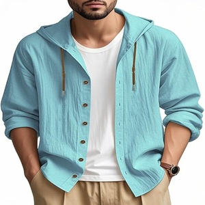 Chemise à manches longues à capuche boutonnée/à cordon de serrage, couleur personnalisée, coupe classique pour homme - Product Image 1