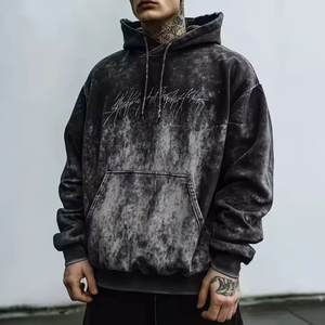 Fabricants Vente en gros Sweats à capuche d'hiver pour hommes 100% coton Vintage Distressed Acid Wash Embroidery Patch Pullover Solid Pattern - Product Image 3