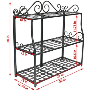 Support de plante en fer en métal noir à 3 niveaux de conception de défilement classique avec support de pot de fleur pour la décoration de la maison ou du jardin - Product Image 1