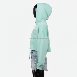 Sweat à capuche court pour femme, 320 GSM, polaire ultra doux, vert menthe, style avec logo personnalisé en strass et coupe confortable à épaules tombantes - Product Image 3