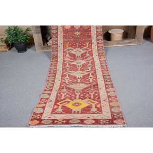 Vintage Turkish Large Area Rug Classic <b>Red</b> 2.6 X 11.1ft 10mm <b>Wool</b> Latex Backing Abstract Rectangular Hallway Design Room Rug - Product Image 5