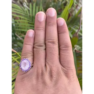 <b>925</b> <b>Silver</b> Vintage <b>Ring</b> <b>with</b> Rose Quartz & Amethyst Rhodium & Gold Plated Bezel Setting Men's Jewelry Gift - Product Image 4