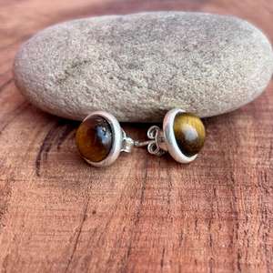 Handmade Sterling <b>Silver</b> <b>Stud</b> Earrings with Natural Tiger's Eye Gemstones Round Cabochon Design - Product Image 5