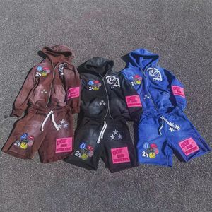 Custom <b>Men's</b> Streetwear <b>Zip</b>-Up Hoodie <b>Shorts</b> Set Fleece Sweatsuit Embroidery Patch Sun Faded Acid Washed Pattern Pockets - Product Image 1