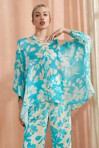 ชุดเดรสวินเทจพิมพ์ลายดอกไม้ผ้าชีฟองประดับมุกชุดเสื้อกางเกงสีฟ้าแบบลำลองขนาด XL มาตรฐานสูงลายดอก amyra - Product Image 3