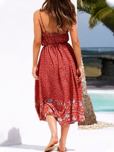 Red Boho Floral Chiffon Midi Dress <b>Spaghetti</b> <b>Strap</b> High Slit Asymmetrical Hem Loose Fit Summer Casual Women's Rajasthan - Product Image 2