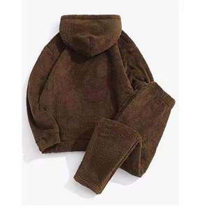 Conjunto de Pijama de Felpa para Mujer, Invierno, Estampado Sólido, Manga Corta, Ropa de Estar en Casa, con Bolsillo, Sudadera Informal con Capucha y Pantalones, Conjunto de 2 Piezas - Product Image 2