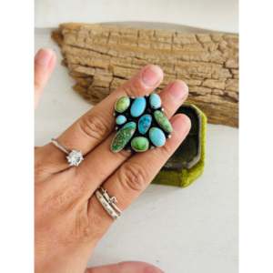 Navajo-Made <b>Statement</b> <b>Ring</b> Multi-Turquoise Sterling <b>Silver</b> Bezel Setting Hip-Hop Dainty Style Everyday Wear Fine Jewelry Size 8 - Product Image 2