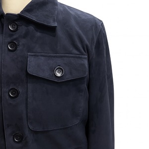 Leather Goat Suede Navy <b>Blue</b> Stand Collar Front Logo Celebrity Inspired Casual Motorcycle <b>Jacket</b> Breathable Vintage Outerwear - Product Image 2