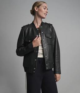 Black Raw <b>Jacket</b> Women Style Cargo Pockets Ribbed Knit Collar Casual Utility Coat Genuine <b>Lambskin</b> Eco-Friendly - Product Image 3