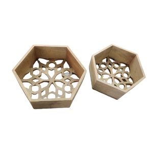 Antique Vintage en bois de manguier sculpté à la main écologique décor de jardin maison ferme moderne plateau d'affichage en forme d'hexagone naturel - Product Image 2