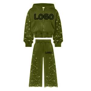 Manufacturers Custom Cropped <b>Distressed</b> Zip Sweatsuit Rhinestone Streetwear Tracksuit Regular Flared Heavyweight Casual - Product Image 6