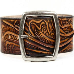 Premium Hand Carved Leather Tooling Belt Two Tone Color with Rectangular Buckle and Snaps for Buckle Change - Product Image 6