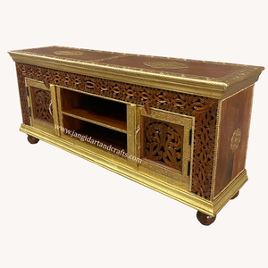 Meuble TV traditionnel en bois sculpté à la main avec finitions en laiton antique pour salon / salle de séjour / hall d'entrée Rajasthan - Product Image 4
