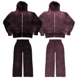 Ensemble survêtement vintage délavé à l'acide personnalisé, 2 pièces, streetwear, sweat-shirt à strass, jogging, survêtement pour hommes - Product Image 6