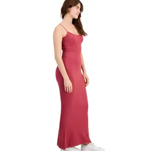 Lady Linen Cotton Full Slip Dress Strappy Chemise Nightie Solid Casual Red Linen Touch Cami Midi Dress With Slit Front